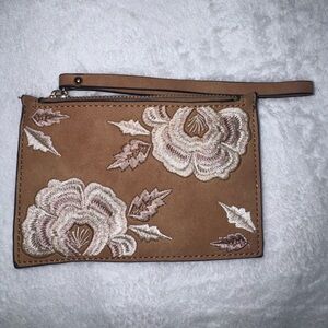 Elegant Tan Floral Embroidered Wristlet